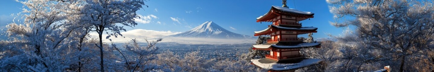 wide panorama view on Chureito Pagoda in winter season