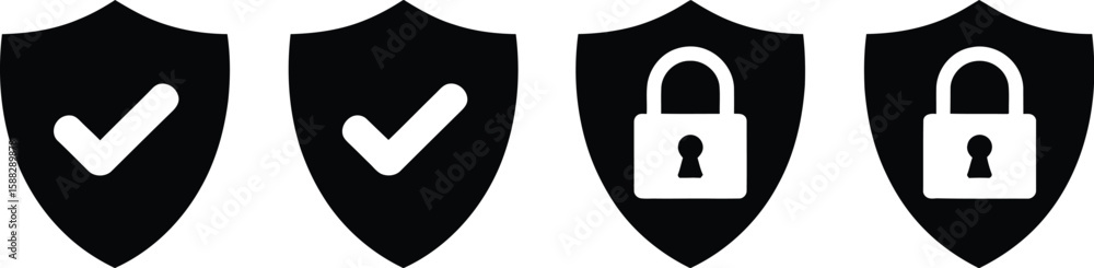 Poster four security icons in a row showing two shields with check marks and two padlocks