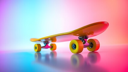 A vibrant yellow skateboard against a neon gradient background, exuding dynamic energy.