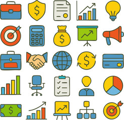Colorful hand-drawn business and finance icon set with a cartoonish doodle style.