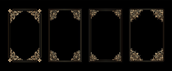 Gold rectangle frames set art deco Thin golden Luxury glowing shiny floral vintage borders linear rectangular shape bundle decor Victorian ornament elements lines for invitations card photo book cover