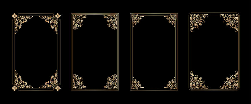 Gold rectangle frames set art deco Thin golden Luxury glowing shiny floral vintage borders linear rectangular shape bundle decor Victorian ornament elements lines for invitations card photo book cover