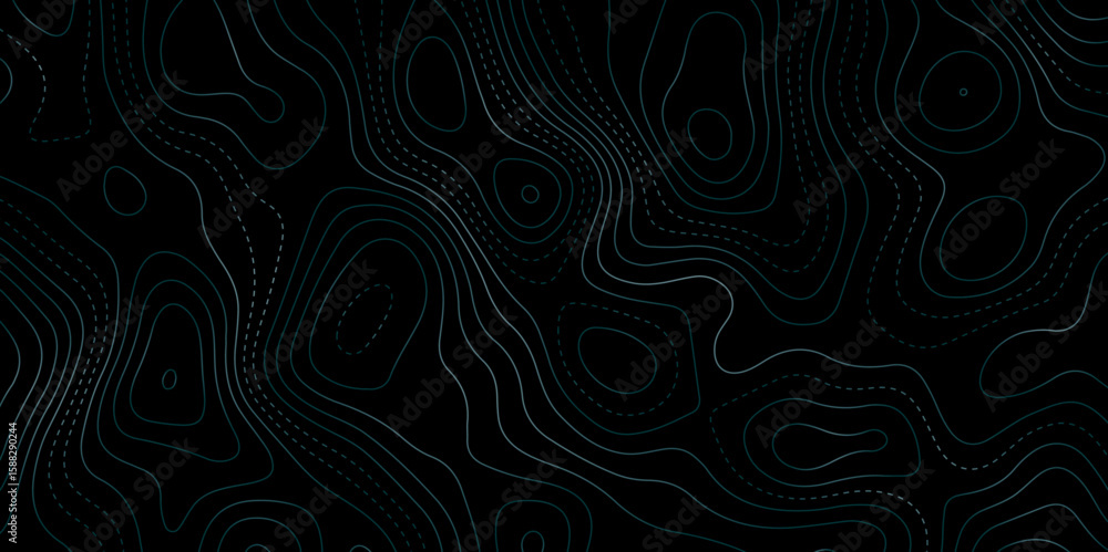 Fototapete dark futuristic background with glowing contour lines and dotted paths, resembling a topographic map