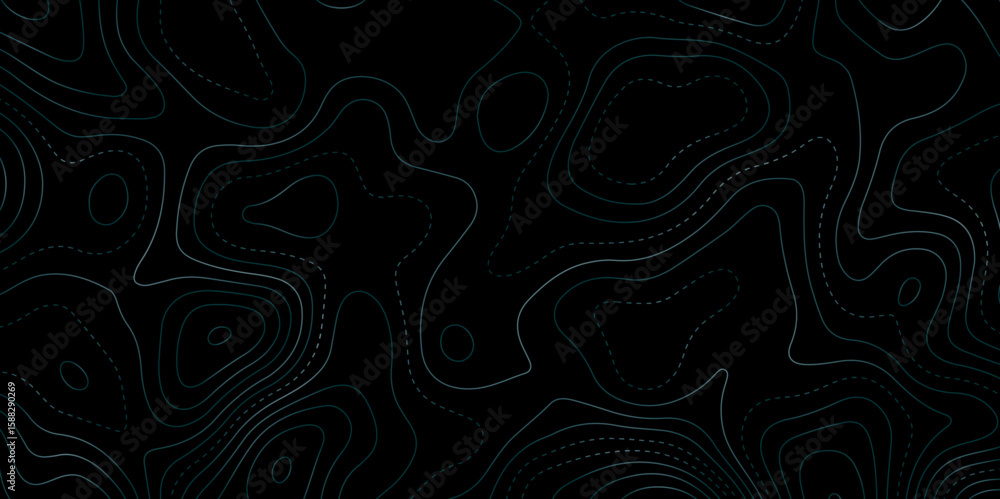 Poster dark futuristic background with glowing contour lines and dotted paths, resembling a topographic map