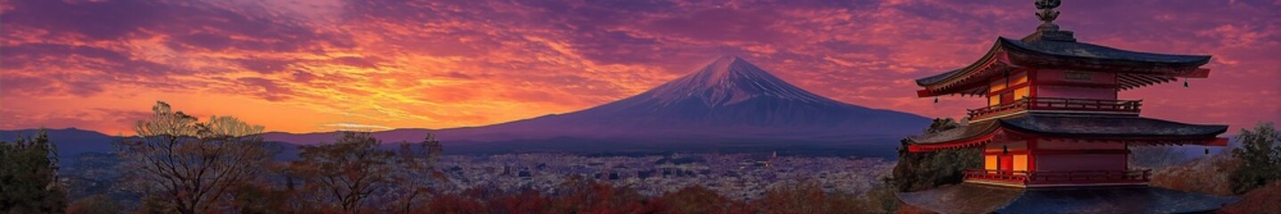 wide panorama view on Chureito Pagoda in purple and orange sunset