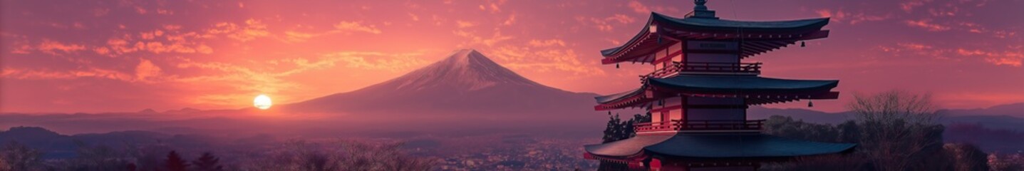 wide panorama view on Chureito Pagoda in purple and orange sunset