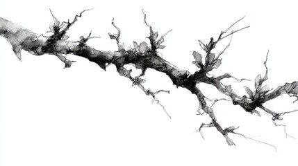 Beautiful photo of artistic drawing of branche in black ink on white pages.