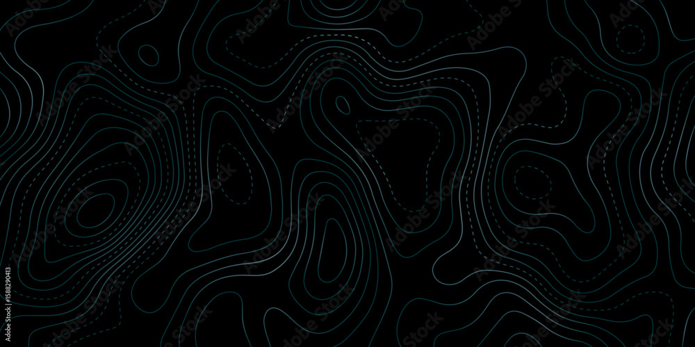 Poster dark futuristic background with glowing contour lines and dotted paths, resembling a topographic map