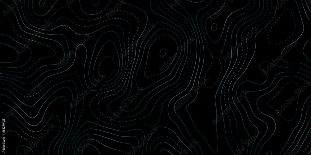 Poster dark futuristic background with glowing contour lines and dotted paths, resembling a topographic map