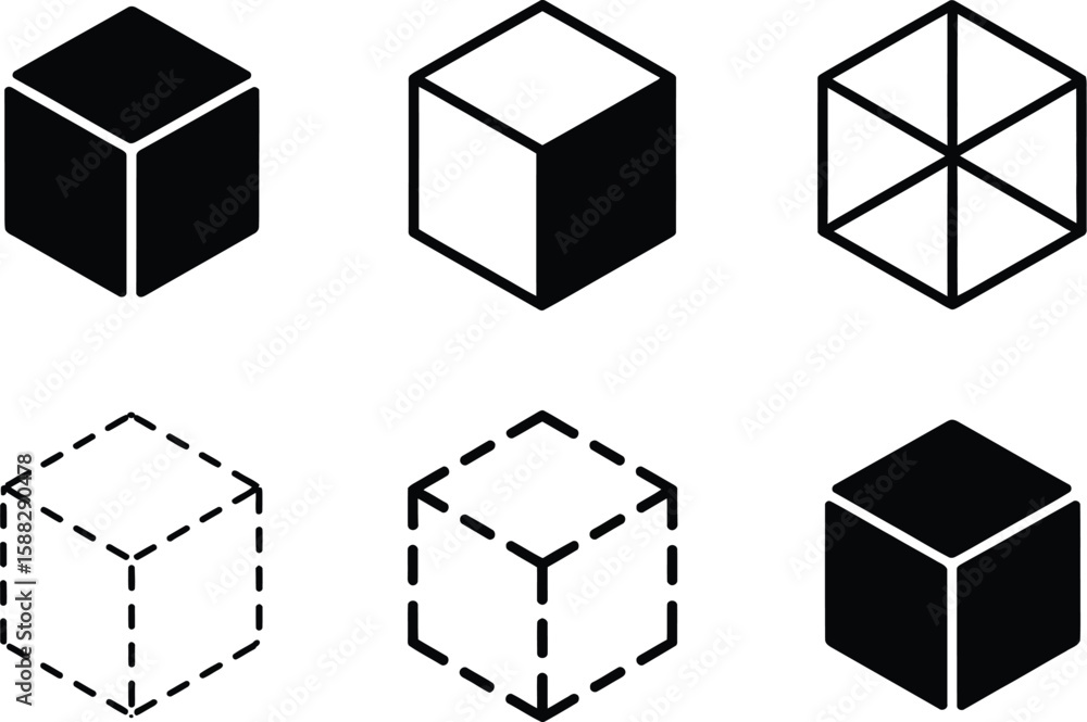 Poster six cube icons in various styles including solid line and dashed on a white background
