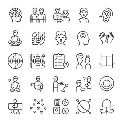 Collection of Thirty Black Line Icons Depicting Various Aspects of Human Psychology and Cognitive Processes Including Brain Function Teamwork Problem Solving Communication and