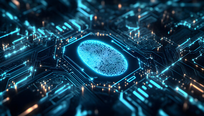 Glowing digital fingerprint with circuit connections on dark background