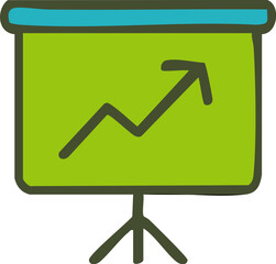 Hand-drawn presentation board with a lime green screen and an upward trending growth chart arrow.