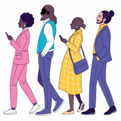 Diverse group of people walking and using their smartphones in a row illustration