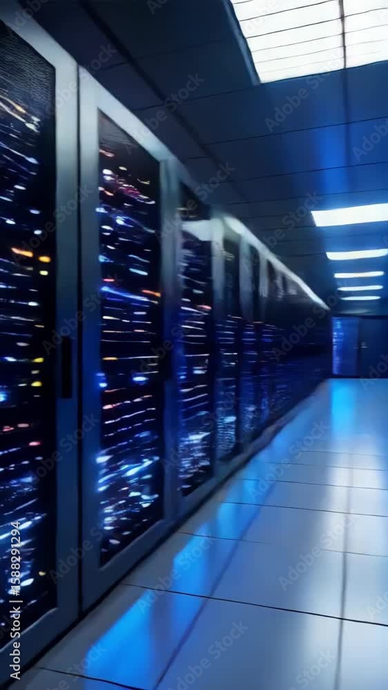 Poster server room hallway with rows of rack servers. data center, cloud computing, network infrastructure,