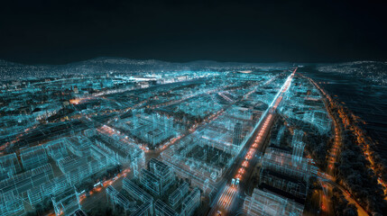 Modern city with wireless network connection and city scape concept. Wireless network and Connection technology concept with city background at night.