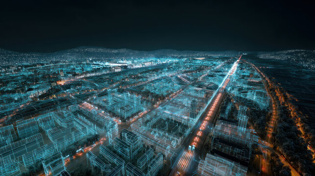 Modern city with wireless network connection and city scape concept. Wireless network and Connection technology concept with city background at night.