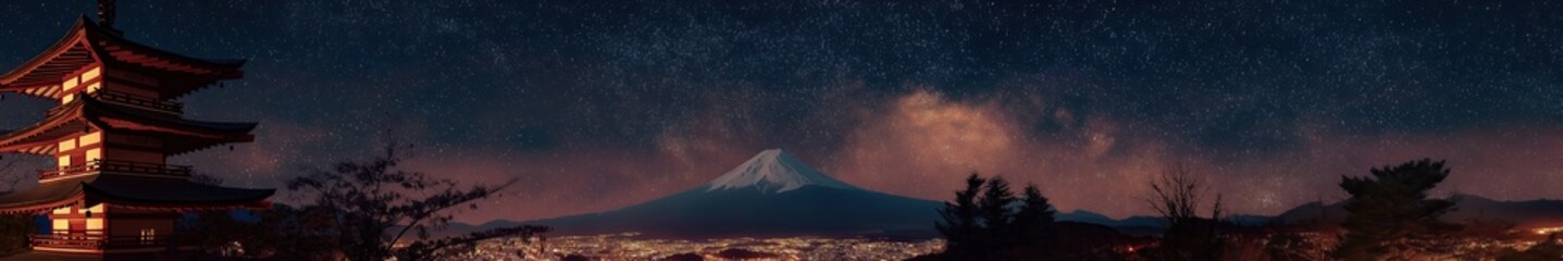 wide panorama view on Chureito Pagoda in dark night