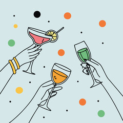 Illustration of hands holding cocktails in a celebratory toast with colorful dots and light blue background