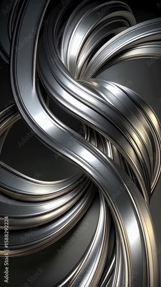 Poster silver metal curves intertwining in a complex, looping design, illuminated with soft highlights agai