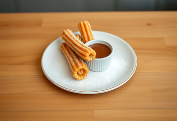Delicious churros served with a rich chocolate dipping sauce on a plate