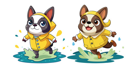 Cute Cartoon French Bulldog Wearing Raincoat and Boots Jumping in Puddle, Playful Puppy Vector Illustration, Kids Friendly Rainy Day Pet Design