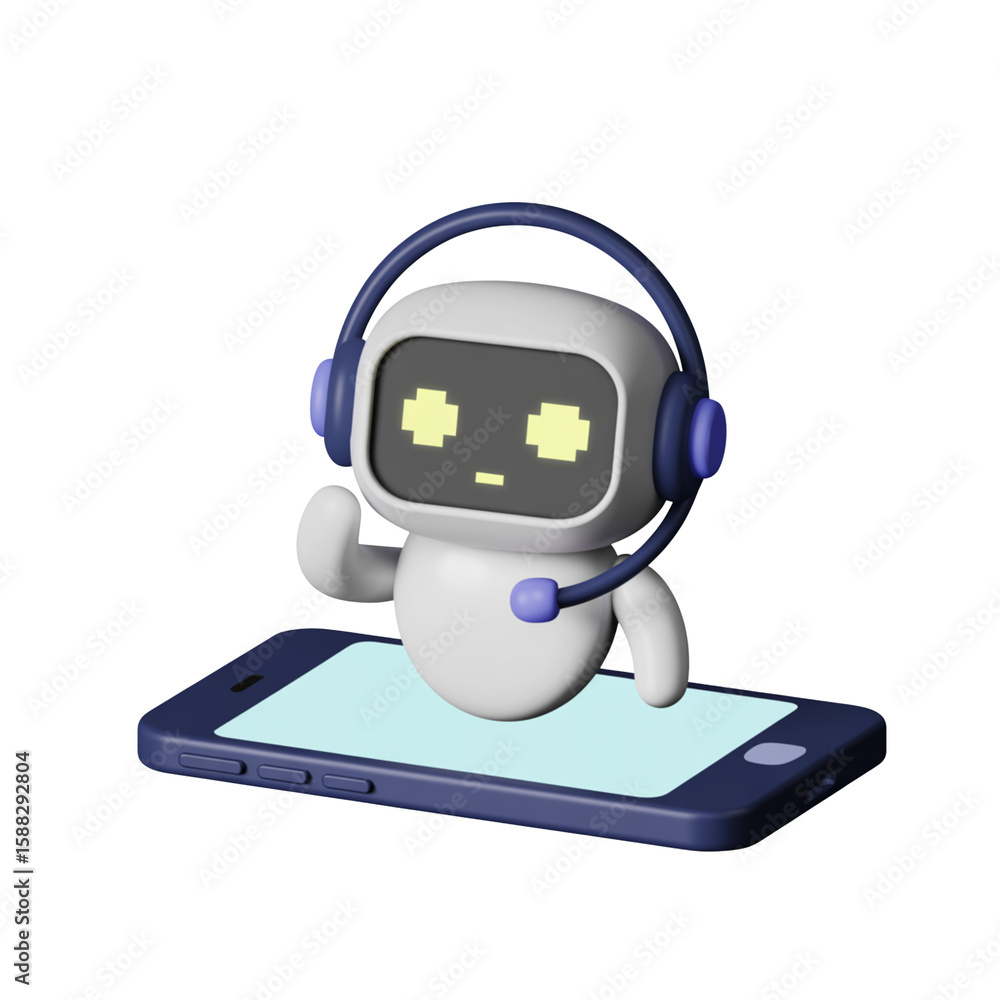 Poster a cute cartoon robot assistant with a headset standing on a smartphone, ideal for illustrating tech 
