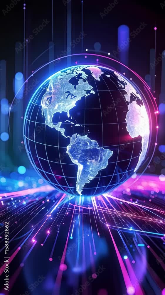 Poster glowing globe with data streams conveying international digital network connectivity