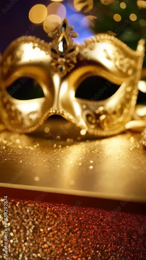Poster elegant golden masquerade mask on a sparkling table with bokeh lights in the background, celebrating