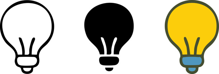 Set of three stylized light bulb icons: outline solid silhouette and colored cartoon style.