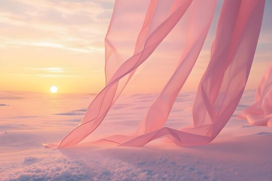 Dreamscape: Delicate pink fabric floats gracefully in a serene, ethereal scene, as the sun casts its warm glow on a sea of soft clouds, offering a sense of serenity and peace.
