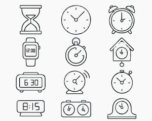 Vector illustration of 12 minimalist time and clocks line art icons in a 3×4 grid for watch shop branding, time management apps, productivity tools, event scheduling designs, and modern minimalist cre