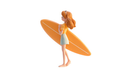 Plasticine surfboard png with female mockup in 3d render without background for beach time decoration.