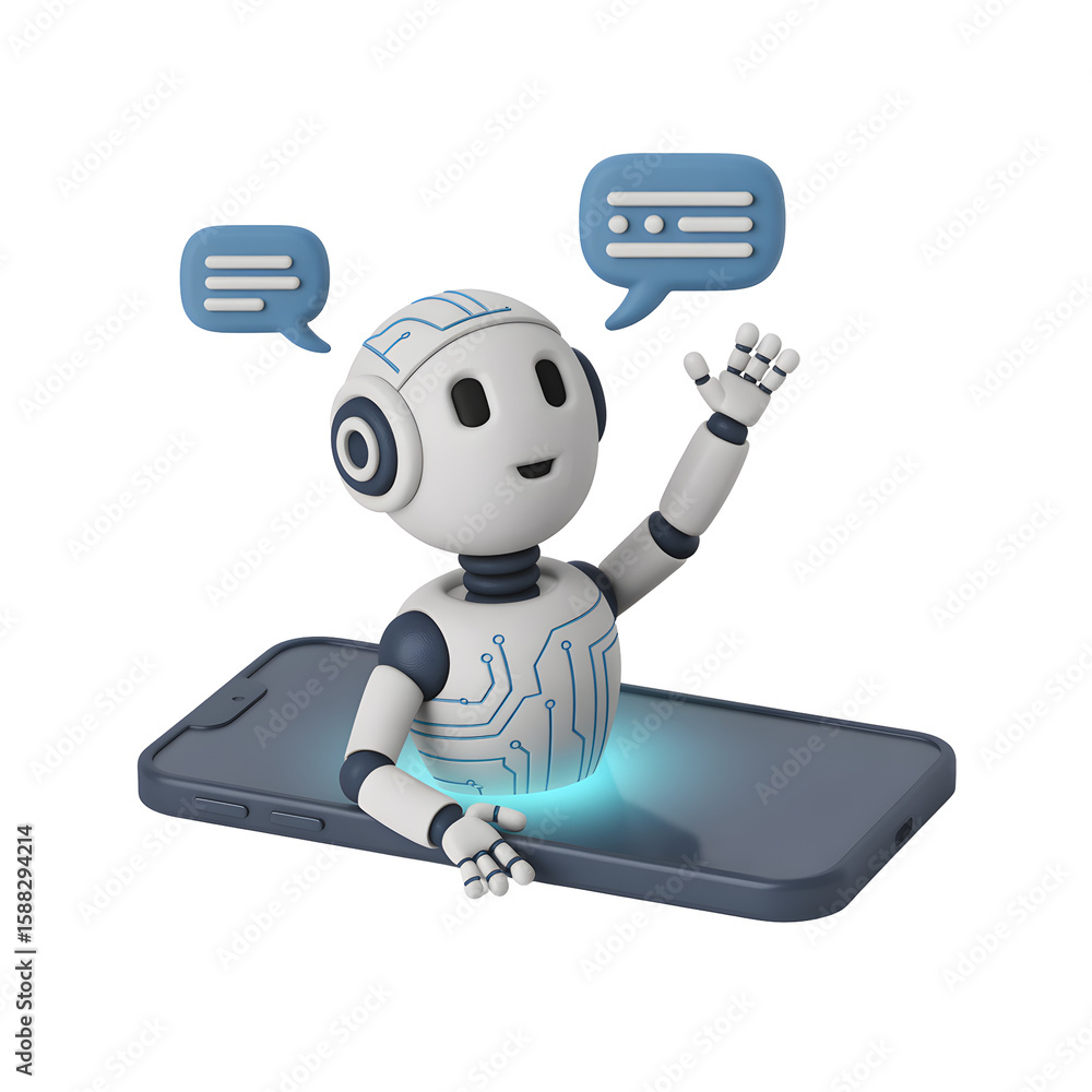 Poster chatbot greets user from smartphone screen, conveying friendly artificial intelligence and digital a