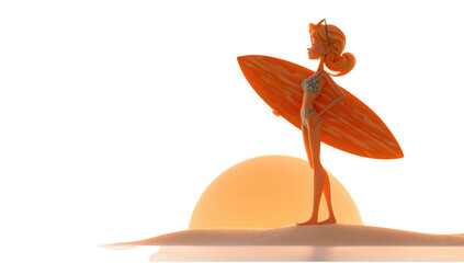 Woman hold surfbaord white background png transparent cartoom style concept using for summer decoration.
