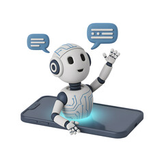Fototapeta premium Chatbot greets user from smartphone screen, conveying friendly artificial intelligence and digital assistant technologies.