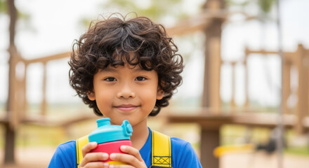 Curly haired young boy in colorful t shirt holding reusable water bottle outdoors smiles confidently in sunny playground park, showcasing healthy hydration for active children