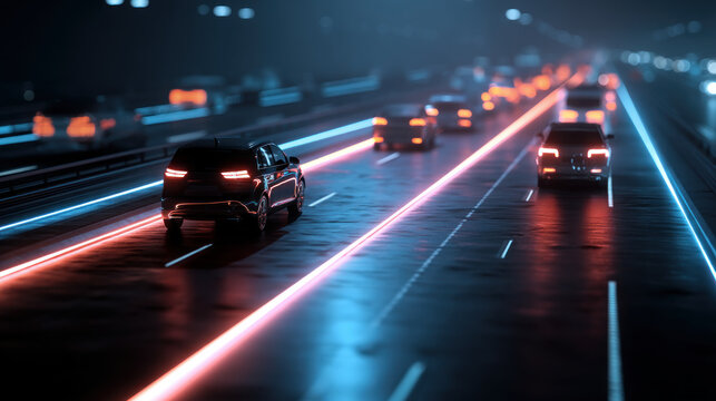 AI traffic control system, glowing lines above smart roads. Aerial view: Self-driving autonomous electric cars of the future with HUD elements move