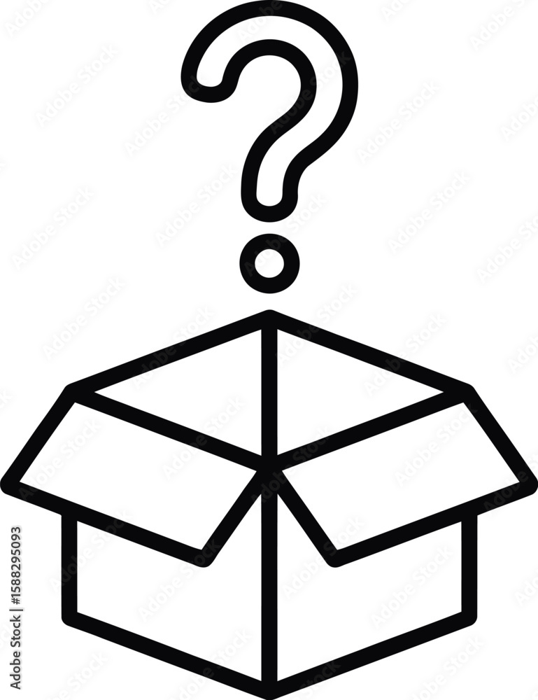 Poster an open cardboard box with a question mark floating above it in a line drawing style