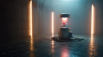 AI art generator machine in a futuristic studio, glowing softly. content creation, symbolizing artificial intelligence innovation, creative technology, and productivity enhancement.