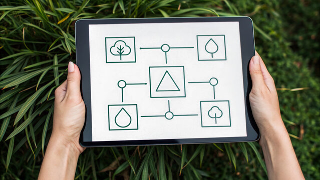 Sustainable export business concept shown on tablet with eco icons and green nature background