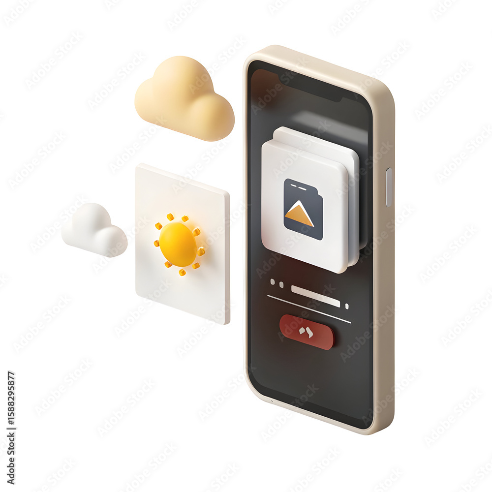 Poster isometric phone with weather icons and app interface isolated on a transparent background