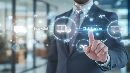 Businessman interacts with a virtual interface representing global logistics and supply chain. - Powered by Adobe