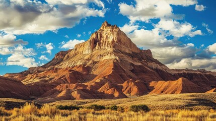 Majestic sandstone butte rises dramatically beneath a vibrant sky showcasing the desert's arid beauty and stunning geological formations in vivid detail
