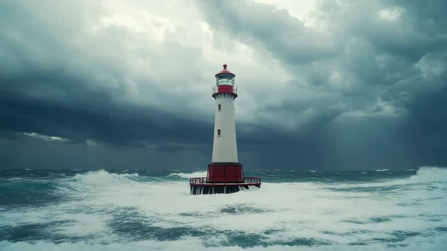Lighthouse stands resolute amidst turbulent waves during stormy weather.