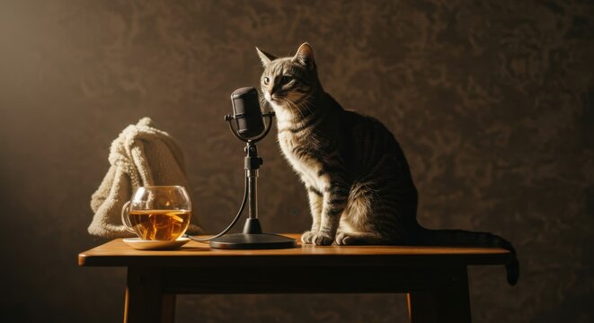 Cute Domestic Cat Sitting Near Studio Microphone as Podcast Host in Creative Home Recording Setup