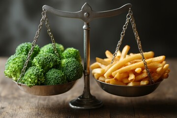 Broccoli on one side and french fries on other side of vintage scale showcasing contrasting food choices during mealtime