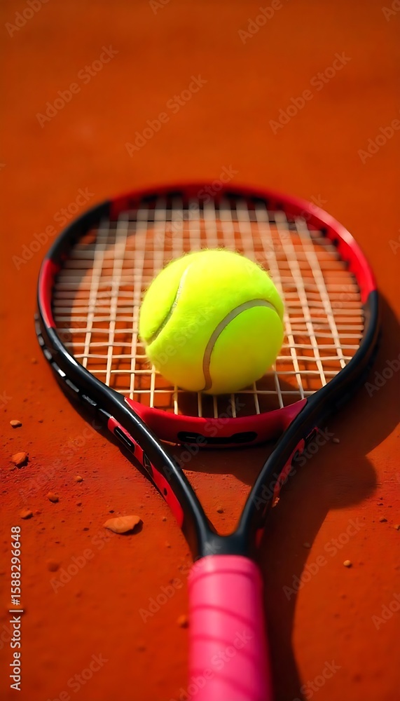 Poster generative ai rendered digital capture of vibrant tennis ball on racket strings