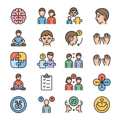 Naklejka premium Colorful Vector Icons Set Illustrating Human Brain Mind Cognitive Psychology Therapy Mental Health Teamwork Puzzle Checklist Communication Symbols