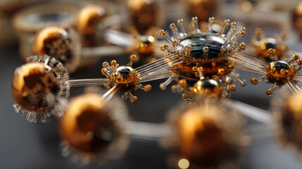 Nanotechnology particles assembling a machine part in macro detail. Crystalline molecular lattice of graphene. Abstract background.